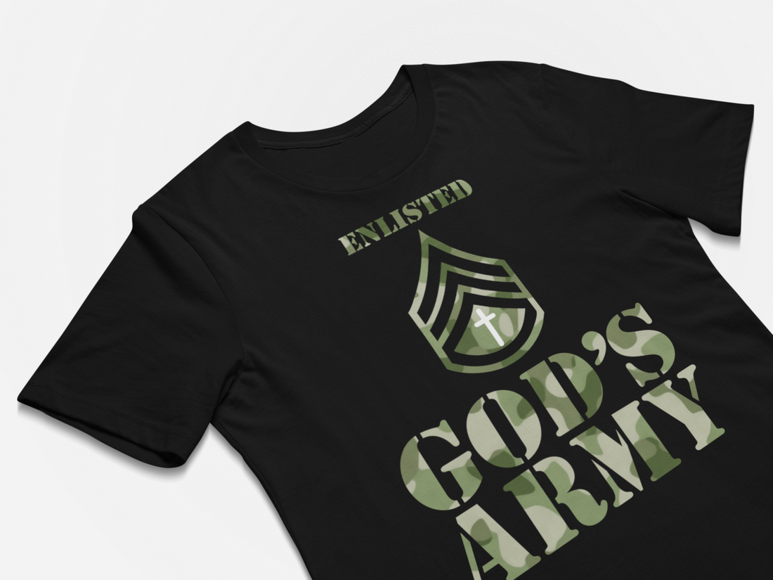 A camouflage-style black print T-shirt featuring the powerful design of God&
